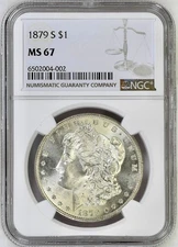 1879 S MORGAN SILVER DOLLAR NGC MS67 BRIGHT WHITE COIN - GREAT CARTWHEELS