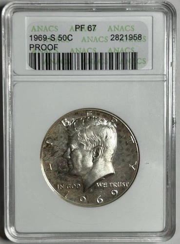 1969 S Proof Kennedy Silver Half Dollar - TEXTILE PATTERNS! ANACS Soapbox PF67