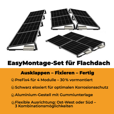 PreFix Flachdach Halterung vormontiert Montage für 4 Solarmodule Süd/Ost-West