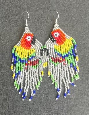 Boho Native American Seed Style Bead Beaded Parrot Earrings Fringe Tassel Long