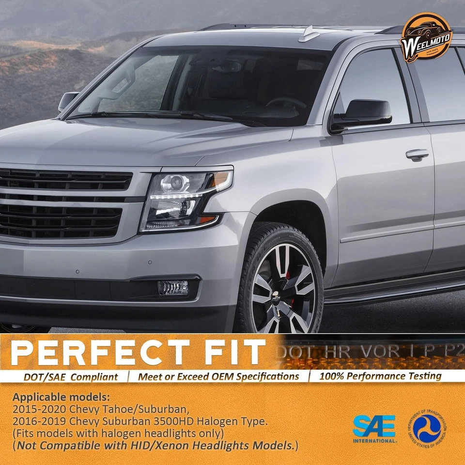 WEELMOTO Black Headlights For 2015-2020 Chevy Tahoe Suburban  Chrome Lamps LH+RH - Image 2 of 4