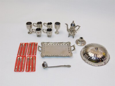 Vintage 1978 IMPERIAL Silver Cast Metal Dollhouse Miniature Tea Set 