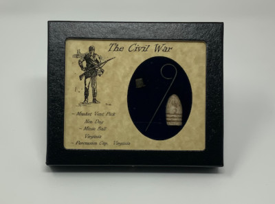 Civil War Musket Pick, Minie Ball, & Percussion Cap in Glass Topped Display Case