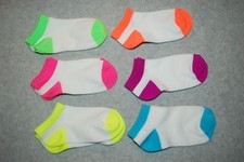 Baby Toddler Girls 6 PAIR NO SHOW SOCKS White w/ Neon Accents SHOE SIZE 6-10.5