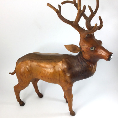 Vintage Statue Figurine Standing Deer Buck Genuine Leather Cover Glass Eyes