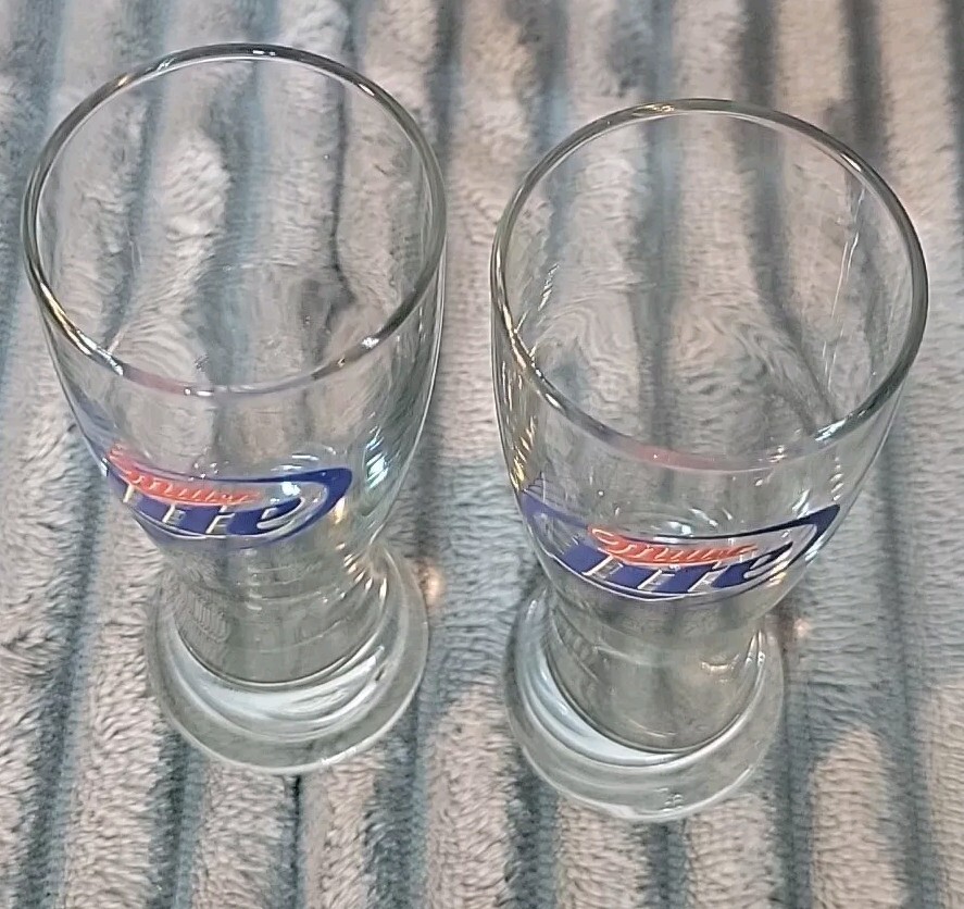 2 Vtg Miller Lite Pilsner Beer Shot Glasses Barware Mancave 4.25 Inches