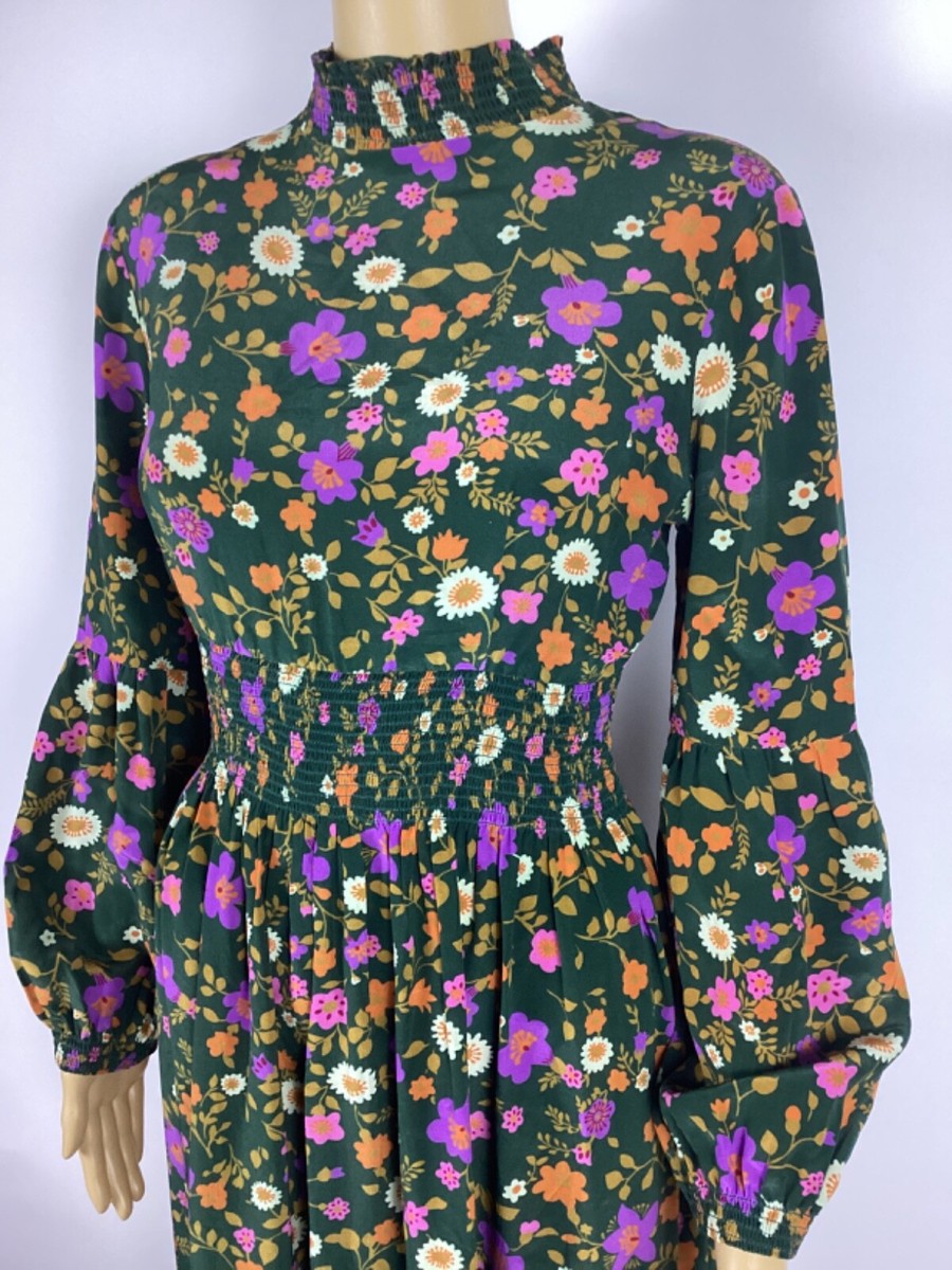 Scanlan Theodore 100% Silk Green Floral Smocked waist Midi Dress Size 4 |  eBay