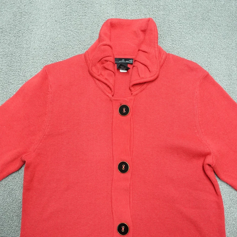 Will Smith Cardigan Sweater Women Size Med Red Coral Button Up 3/4 Sleeve - Image 2 of 4