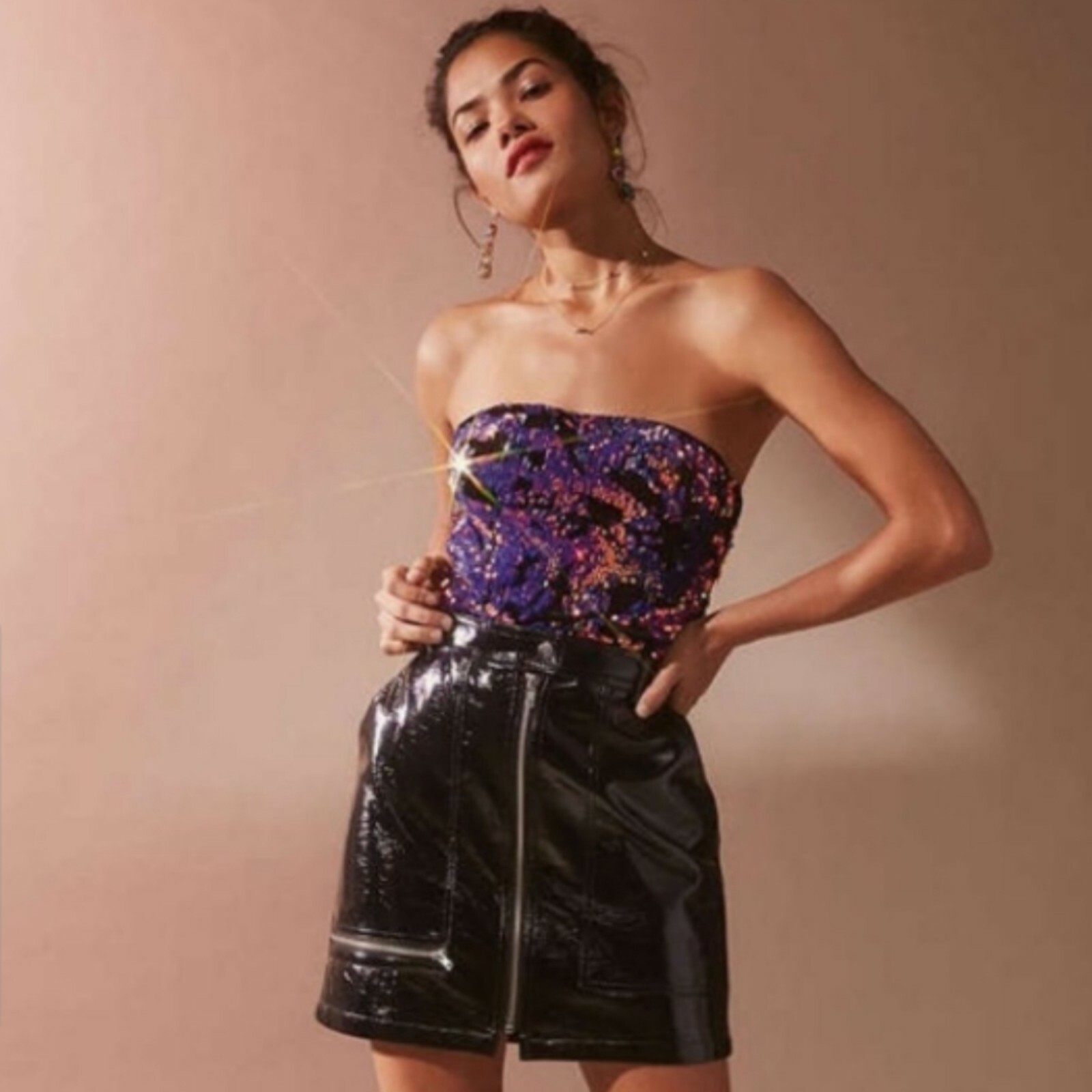 URBAN OUTFITTERS Sequined Purple Gold Black Bandeau Tube Stretch Top. Size Med.