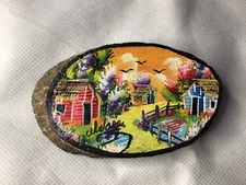 Vintage Cottages Birds Landscape Wood Slice Hand Painted Artist Signed Ware 4”