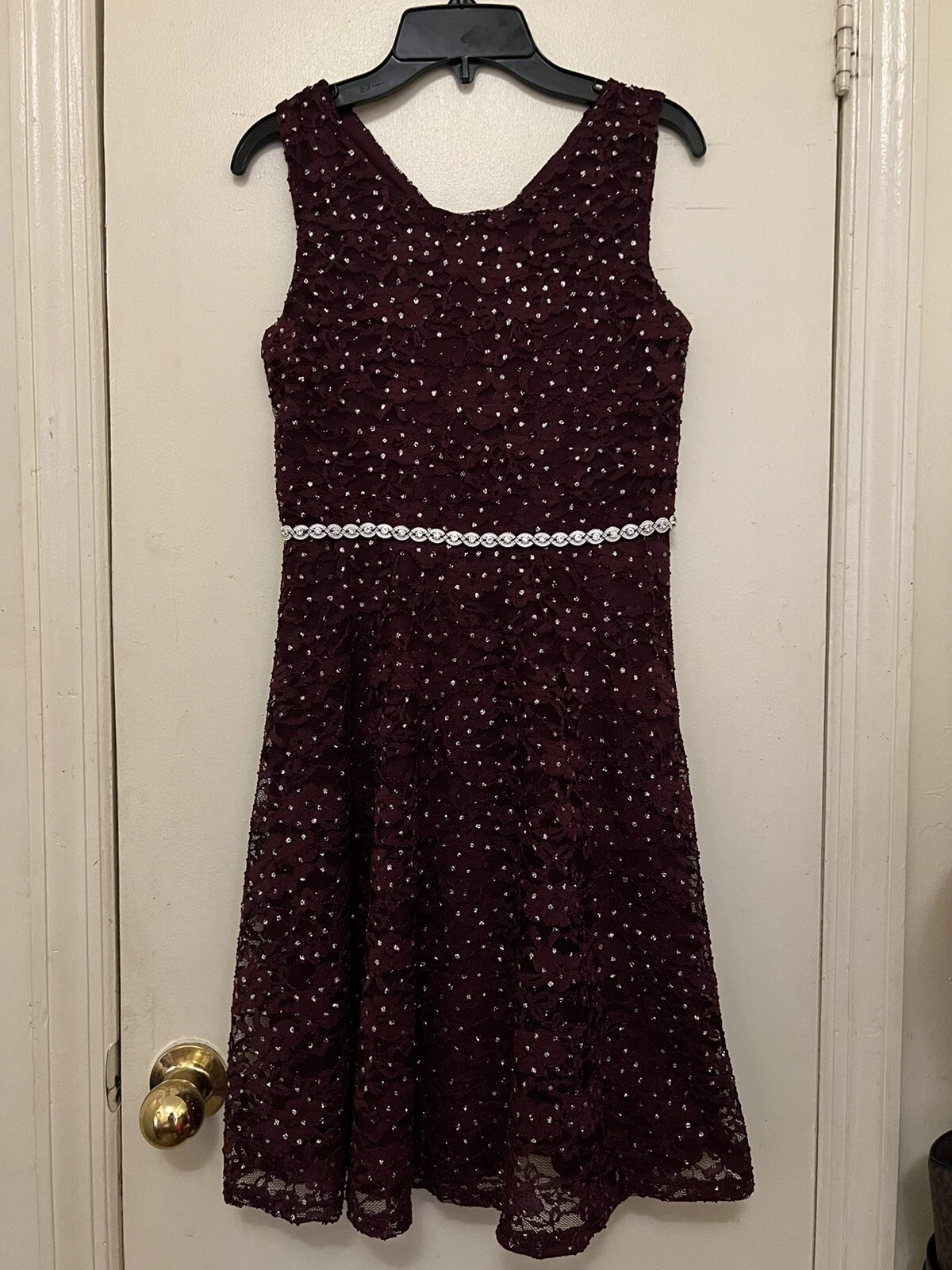 Speechless Girls Sleeveless Burgundy Glitter Lace Dress, Size 16
