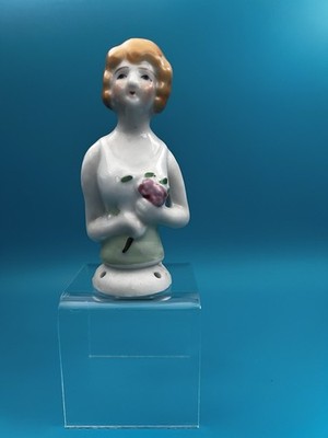 Vintage 3.5  Porcelain Pincushion Half Doll Holding Pink Flower.