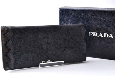 PRADA Saffiano Leather Long Wallet Black Zigzag Chevron w/Box Auth 11643