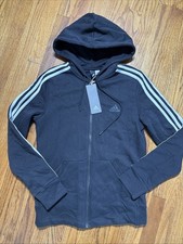 Adidas Women's Cotton 3 Stripes Hoodie Jacket Full Zip Black White BK3866 Size S