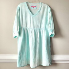 Aqua Cotton Double Gauze Mini Dress L Beach Cottage Coastal Casual Relaxed NEW