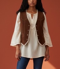 Vtg 80s Western Suede Vest Faux Shearling Lined Sz XS SM Brown Boho Cowboy