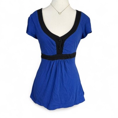 Eyelash Couture Baby Doll 2000s Short Sleeve Blue Black Top Size XL 100%Cotton