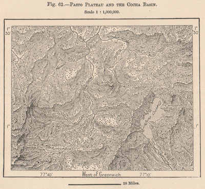 Pasto Plateau & Laguna La Cocha. Galeras Vulkan. Kolumbien 1885 alte Landkarte