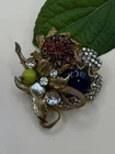 Miriam Haskell 1940’s Floral Brooch, Gilt Gold, Red, Blue, Green, Horseshoe