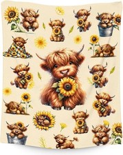 Highland Cow Flannel Blanket   Cute Sunflower Throw Gift for Girls Kids