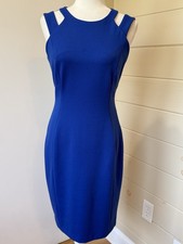 Calvin Klein Sheath Dress Cut-Out Shoulder Cobalt Blue Crepe Gold Zip 6 Cocktail