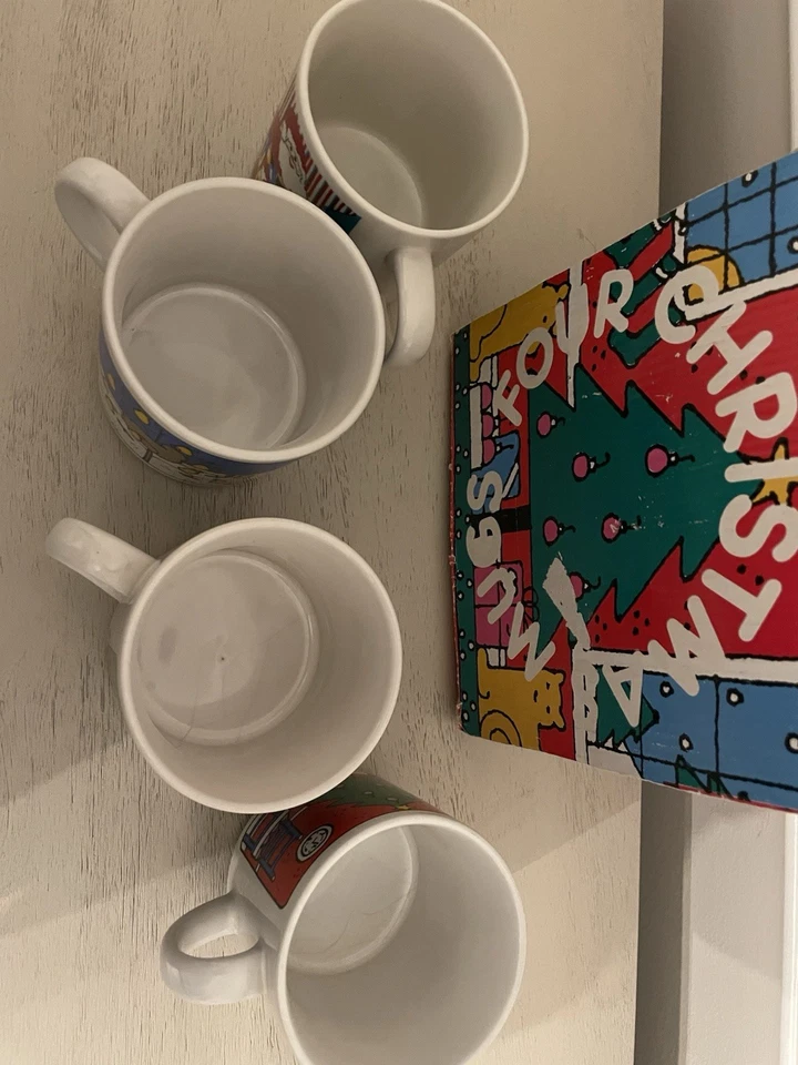 Tazas de Navidad de los años 80 4 piezas vidrio Houze firmado en madera Alan con caja Foto 3 de 4