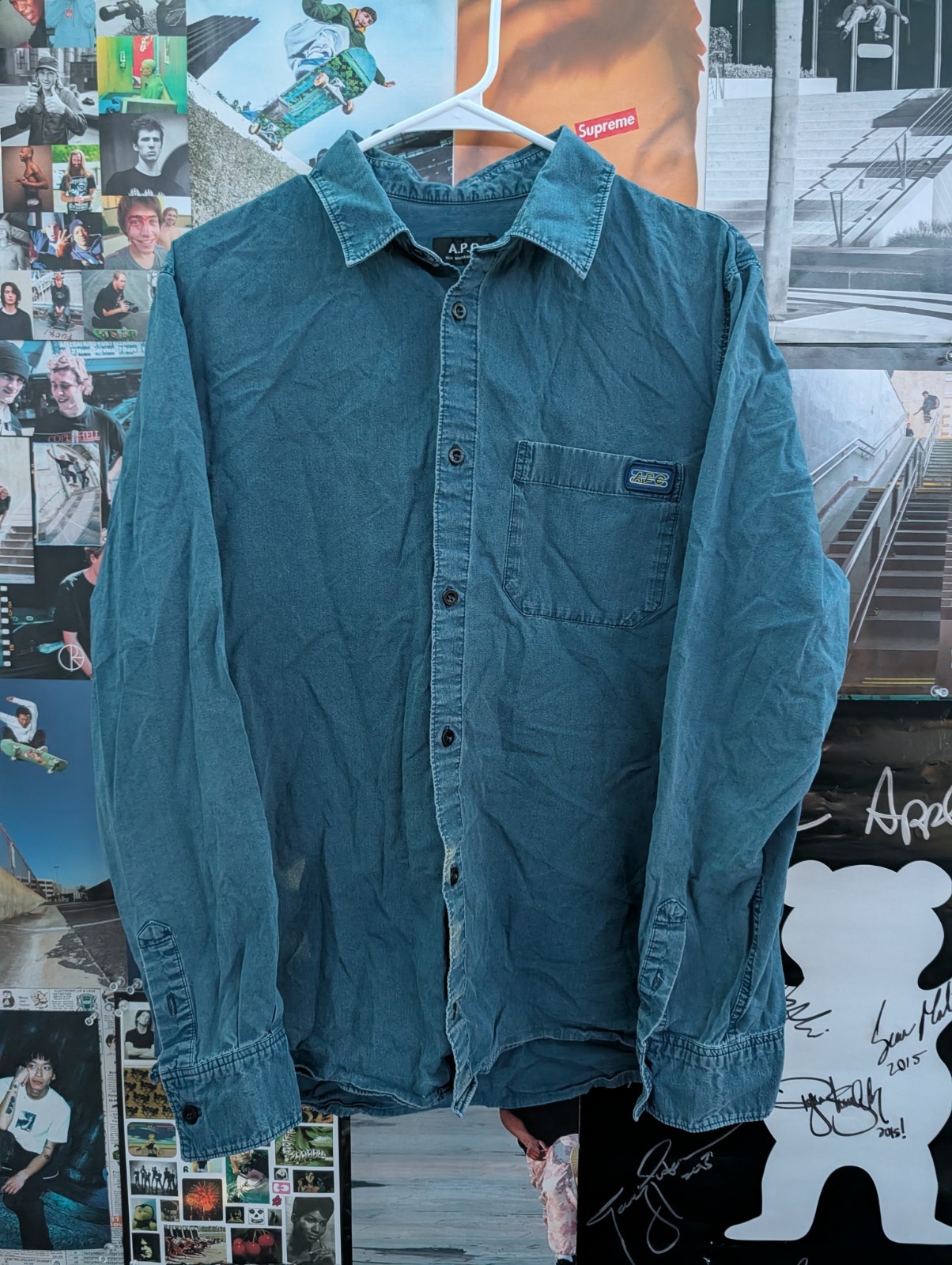 A.P.C. Men's XL Blue Cotton Denim Long Sleeve Button-Up Shirt