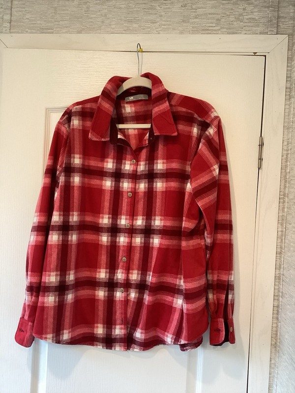 Lee Riders Plaid Fleece Button-Up Shirt womens XXXL Red White Long Sleeve EUC