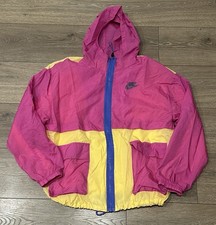 NIKE Women's Neon Pink Yelllow Windbreaker Hooded Jacket Full Zip size Medium