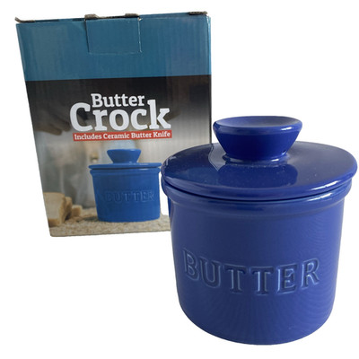 PriorityChef Butter Crock with Lid   Ceramic French Butter Dish, Dark Blue