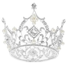 Luxury Baroque Crown Full Round Crown Rhinestone and Pearl Crown Bridal White