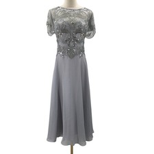 XSCAPE 14 1x gray beaded mother of the bride formal party midi dress NWT B56