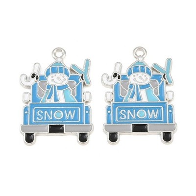10 süße Weihnachten Schneemann in Autoform silberfarben Anhänger & Emaille Detail