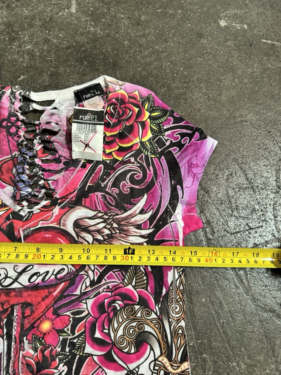 Vintage Rue 21 Affliction Shirt Girls XL Crosses Roses Grunge