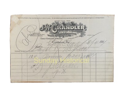 1917 J W Chandler Produce Dealer Exmore Va Trademark Billhead W G Smith ESVA