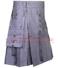Scottish Handmade Grey/Gray cotton kilt Gray Laces Utility Kilt Custom Size