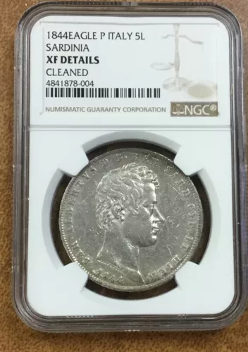 1844 P Eagle Italy 5 Lire. Sardinia. NGC XF Details Scarce Eagle Mint mark