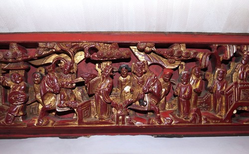 Qing Chinese Hand Carved Red Gold-Gilt High Relief Heavy Wood Temple Scene Panel - Picture 6 of 14