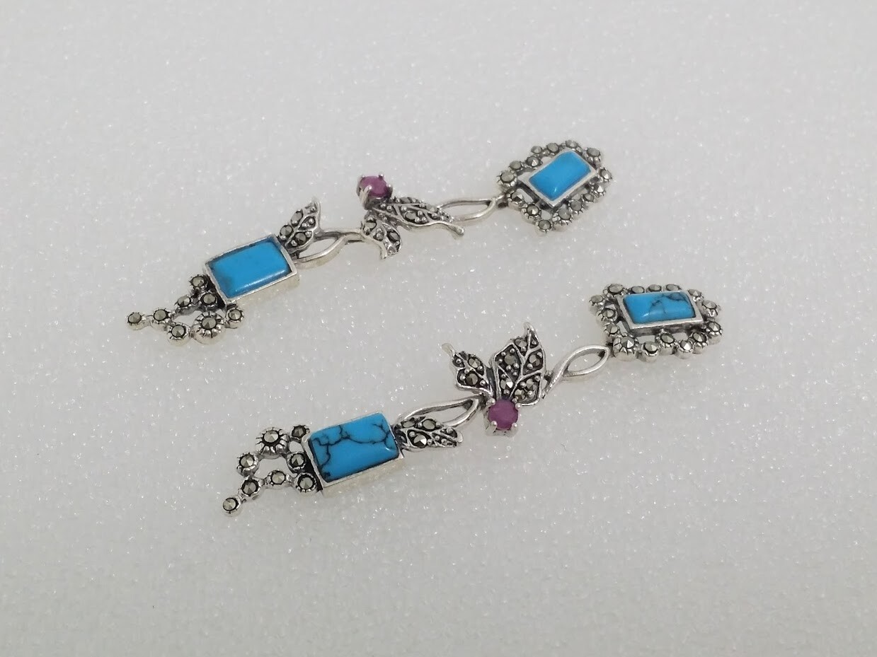 925 Silver Marcasite Ruby Stabilized Turquoise Le… - image 2