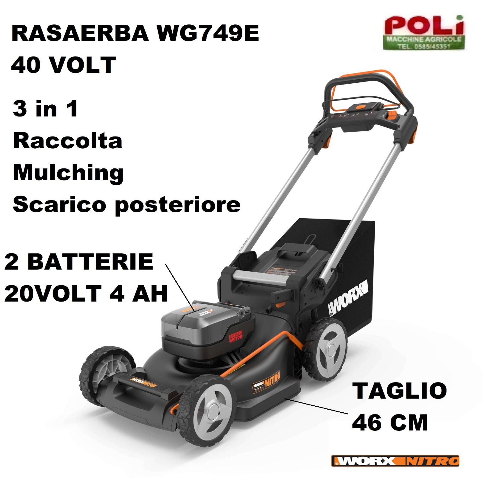 WORX WG749ERASAERBA A BATTERIA 3IN1 COMPLETA DI 2 BATTERIE DA 4AH 40VOLT IL TOP