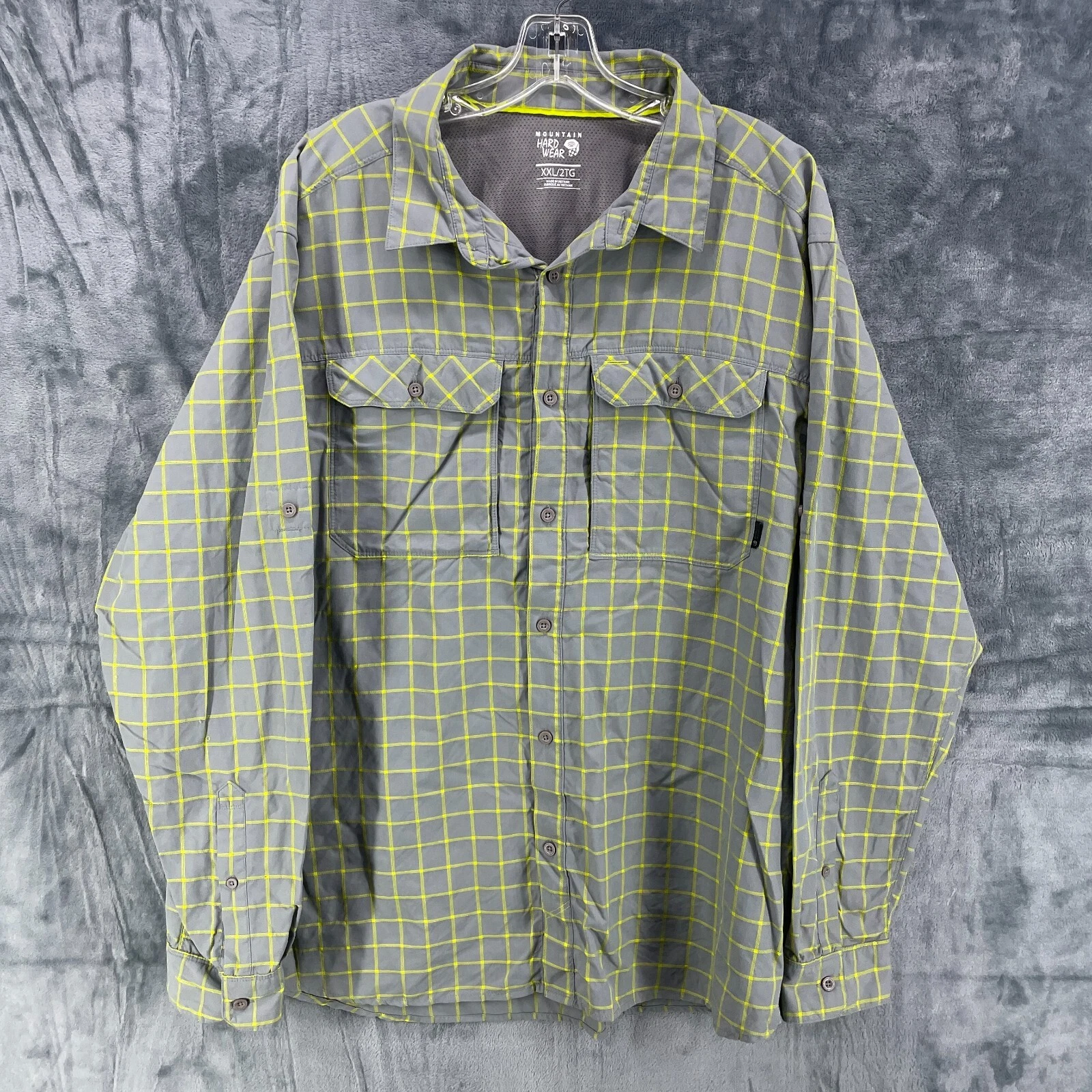 Mountain Hardwear Button Up Shirt Long Sleeve Outdoor Hiking XXL Gray Neon Plaid