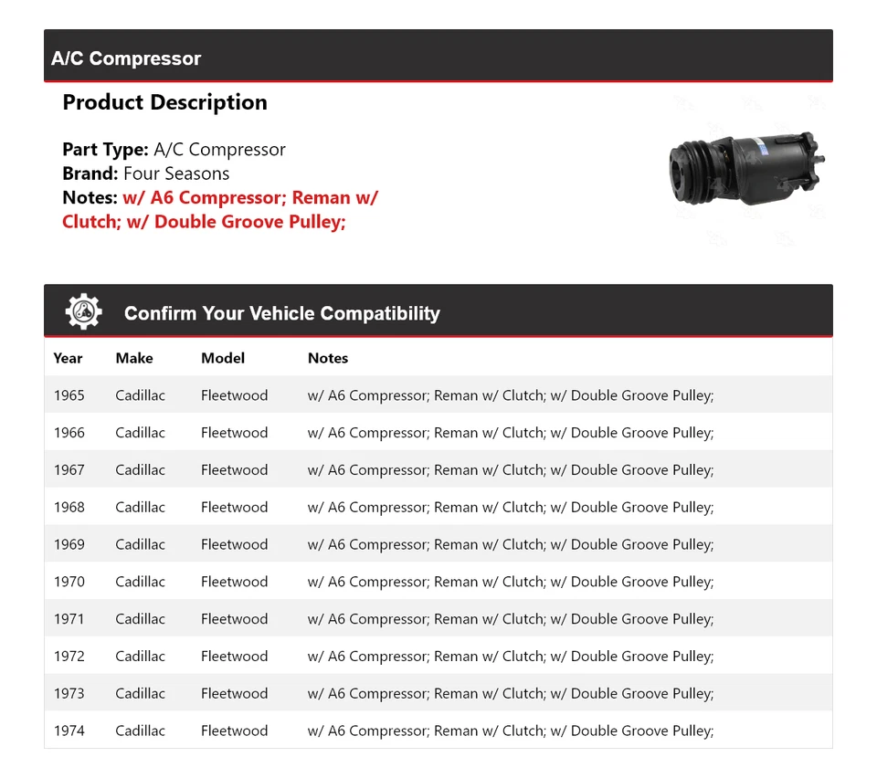 Compresor de aire acondicionado para Cadillac Fleetwood 1965-1974 4 estaciones 1966 1967 1968 1969 Foto 2 de 4