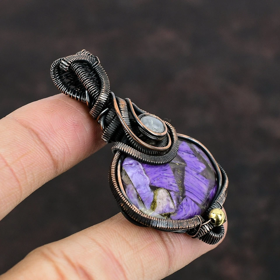 Women Day Gift Russian Charoite Wire Wrapped Pendant Copper For Women 2.36" - Image 4 of 4