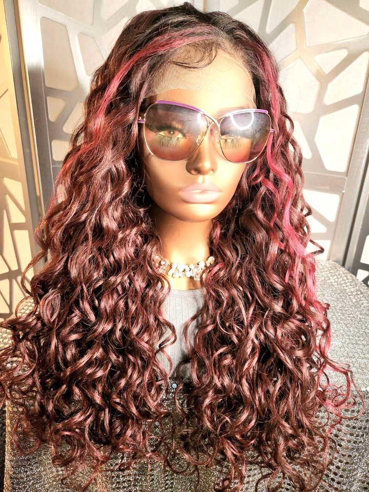 26" Long Curly Wig Burgundy Wig 360 lace Freepart Wig 13x6 Wavy Long
