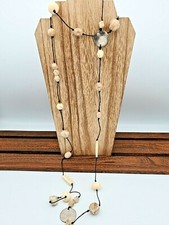 Dark Brown Waxed Cord Rope Necklace Cream  Brown Swirled Beading  Silver Disks