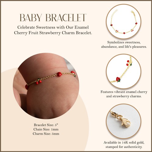Bracciale oro massiccio 14 kt smalto ciliegia frutta fragola bambina bambino bambino regolazione 5" - Foto 3 di 3