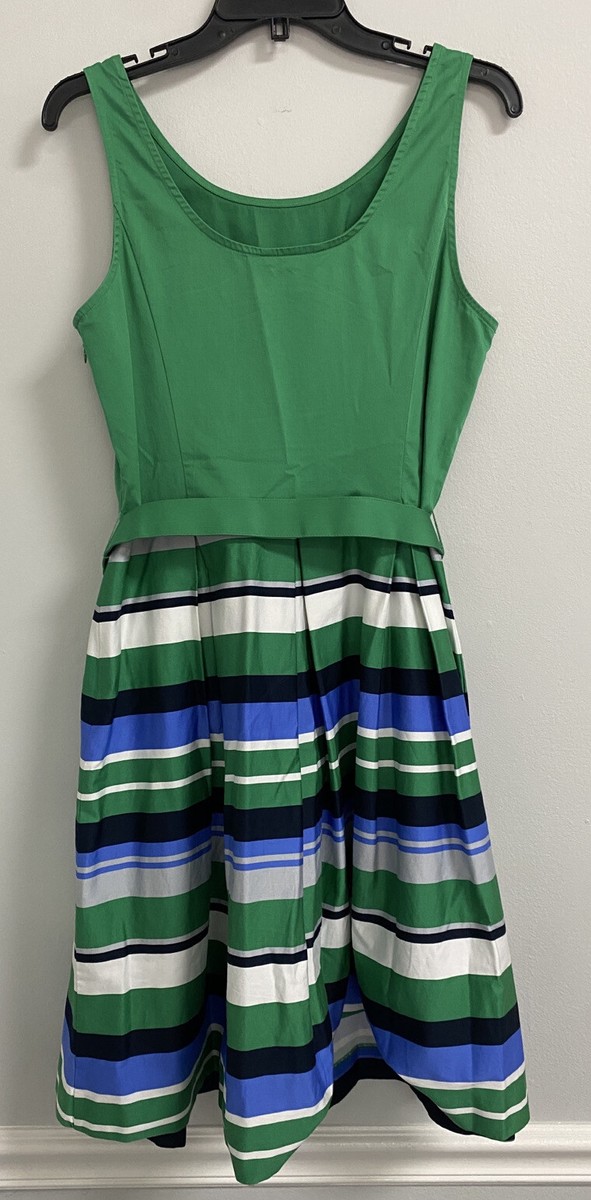 banana republic green striped dress Women's Poplin Gathered-Neck Midi Dress Green Stripe Petite Size XXS