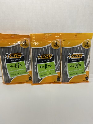 3 BIC Round Stic Xtra Ballpoint Pens Life Medium Black Ink 10 Each 30 Total New