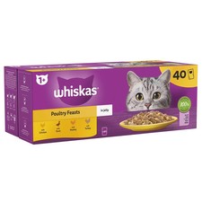 40 x 85g Whiskas 1+ Poultry Feasts Mixed Adult Wet Cat Food Pouches in Jelly New 6.76 per kilo