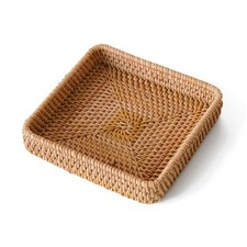 Rattan Serving Tray, Square Woven Storage Basket, Wicker Baskets for Organizi...
